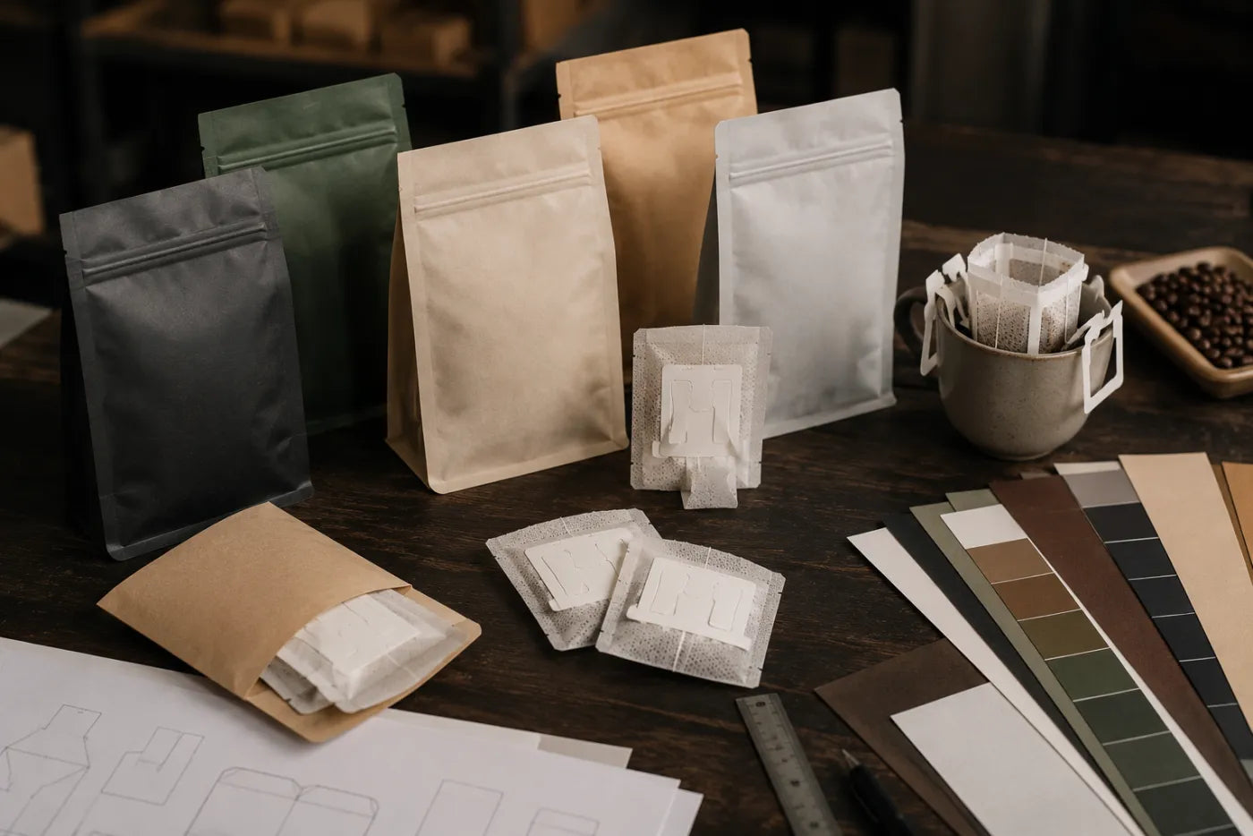 Individuell bedruckte Coffeebags in verschiedenen Farben mit Drip-Bag-Sachets und Farbfächer für das Marken-Branding