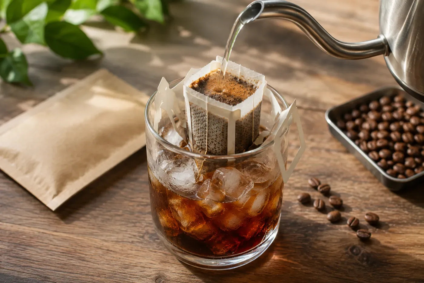 Drip Bag über einem Glas mit Eiswürfeln, heißes Wasser läuft direkt über das Eis