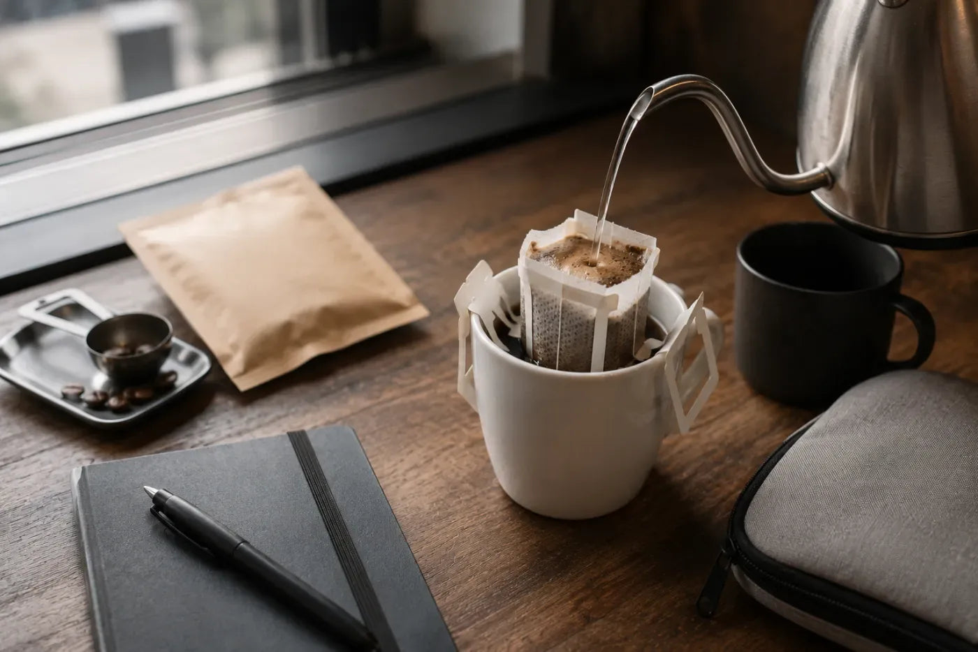 Drip Bag über einer weißen Tasse, daneben ein verschlossener Beutel, Notizbuch und Laptoptasche auf einem Holztisch