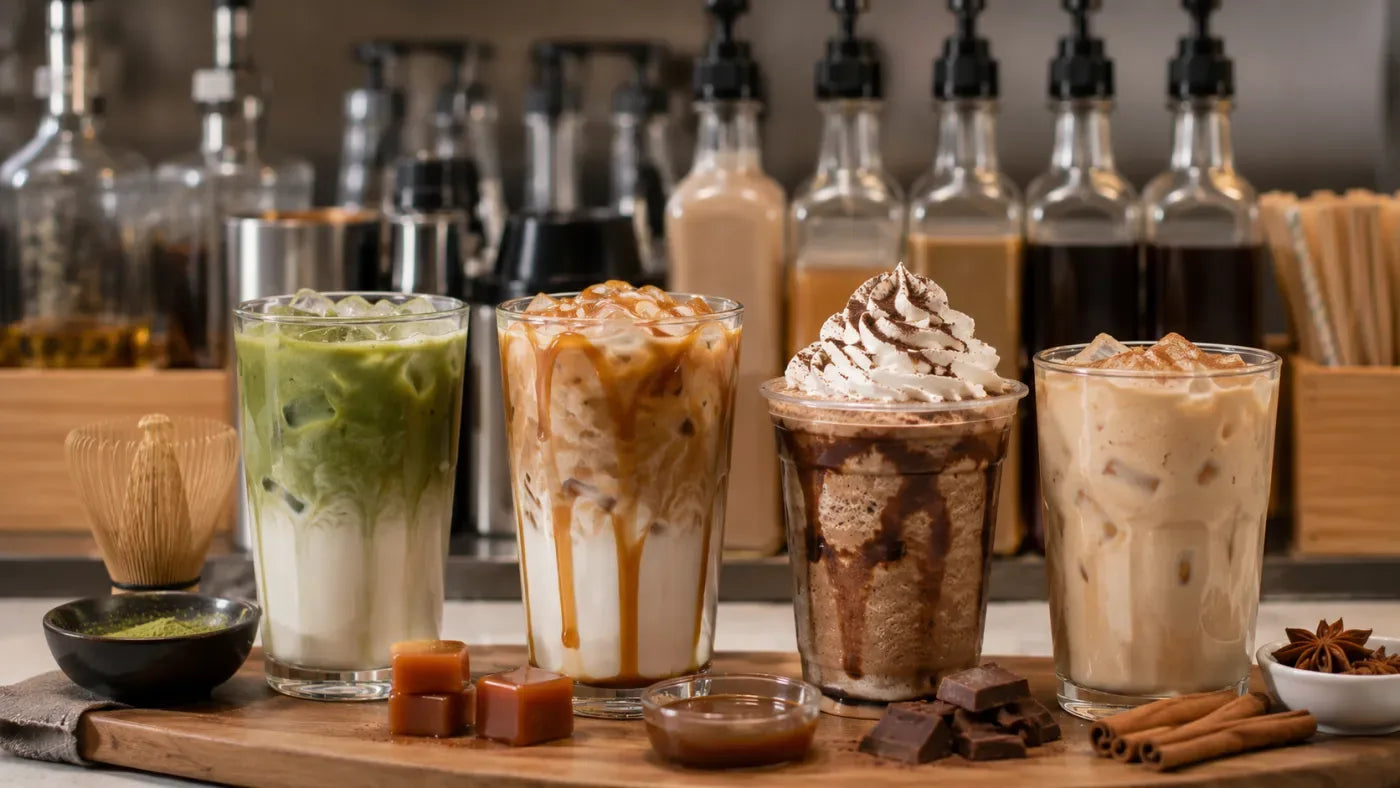 Vier Café-Getränke mit Fonte Sirup und Konzentraten — Matcha Latte, Caramel Iced Coffee, Mocha Frappé und Chai Latte an der Bar