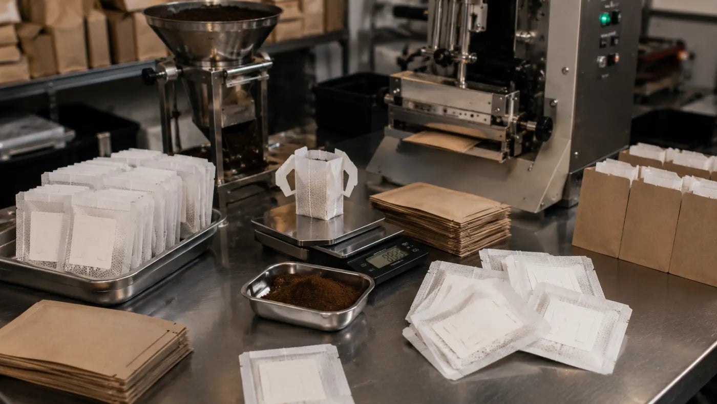 Coffeebag-Abfüllanlage in Dresden: Waage, Kraftpapier-Hüllen und abgefüllte Drip Bags in der Produktion